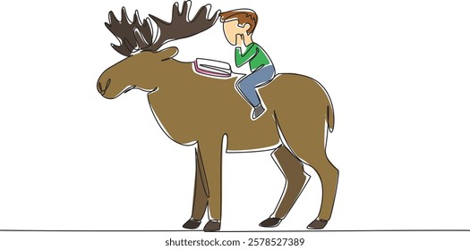 Single one line drawing boy reading book on cute moose. Seriously learn to count distribution of moose. Little observer. Boy Reading Book at Animal Back. Continuous line design graphic illustration