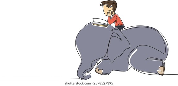 Single one line drawing boy reading a book on a cute elephant lying down. Observing the largest land animals in the world. Boy Reading Book at Animal Back. Continuous line design graphic illustration