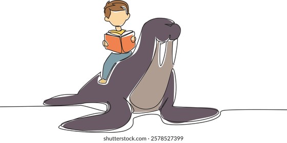 Single one line drawing boy reading book on cute walrus. Reading while practicing. Getting know animal anatomy. The nerd. Boy Reading Book at Animal Back. Continuous line design graphic illustration