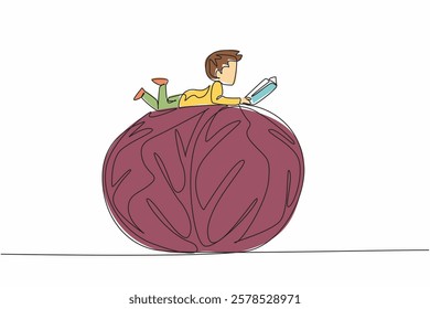 Single one line drawing boy reading on red cabbage. Read benefits of the ingredients contained in red cabbage. Boy Reading Book at Vegetables and Fruits. Continuous line design graphic illustration