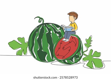 Single one line drawing boy reading reading on watermelon cut in half. The little watermelon farmer. Study hard. Boy Reading Book at Vegetables and Fruits. Continuous line design graphic illustration