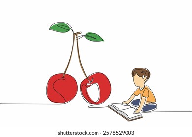 Single one line drawing boy reading next to cherry. Learn anytime, anywhere. Even during harvest time. The nerd. Boy Reading Book at Vegetables and Fruits. Continuous line design graphic illustration