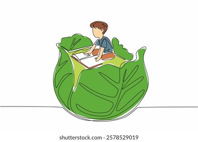 Single one line drawing boy reading on green cabbage leaf. Delving into natural science during the holidays. Boy Reading Book at Vegetables and Fruits. Continuous line design graphic illustration