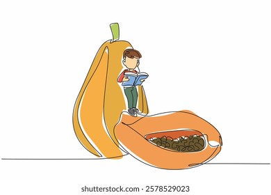 Single one line drawing boy reading while standing on partially cut papaya. Aspire to be a horticultural expert. Boy Reading Book at Vegetables and Fruits. Continuous line design graphic illustration