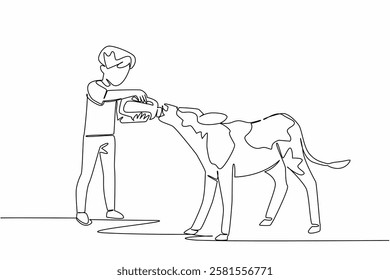 Single one line drawing boy holding a large milk bottle and giving it to a calf. Learn to be a good farmer. Be patient and diligent. National Open Farm Day. Continuous line design graphic illustration