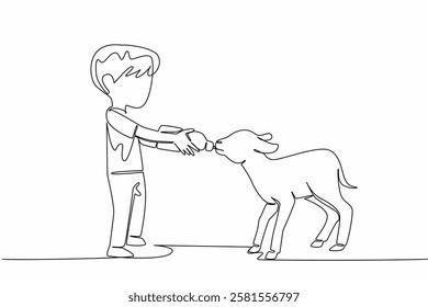 Single one line drawing boy holding a milk bottle in his hand and giving it to the lamb. Visiting a lamb farm. Learning. Education. National Open Farm Day. Continuous line design graphic illustration