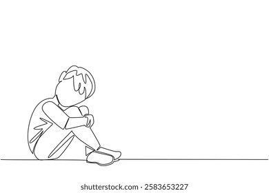 Single one line drawing boy sitting with bent legs and crossed arms. Loneliness as an only child. Super busy parents. Childhood Depression Awareness Day. Continuous line design graphic illustration