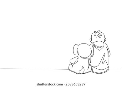 Single one line drawing boy sitting bowed on the floor accompanied by elephant doll. Loneliness is sadness. Alone. Childhood Depression Awareness Day. Continuous line design graphic illustration