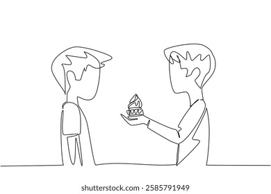 Single one line drawing a boy gives a cherry topping cupcake to another boy. Birthday cake for best friend. Bestie. National Give Someone a Cupcake Day. Continuous line design graphic illustration