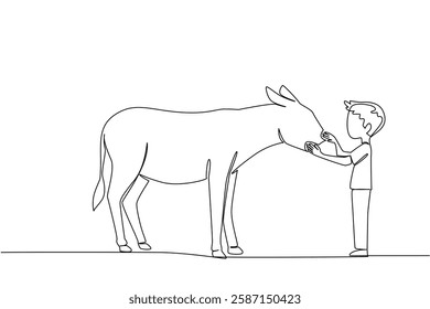 Single one line drawing the boy stands in front of the donkey and strokes its head. Playing at the zoo. Learning to love fellow creatures. World Donkey Day. Continuous line design graphic illustration