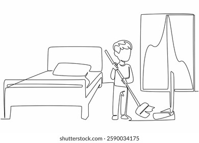 Single one line drawing a boy sweeps the floor using a broom and dustpan. Train sensitivity. The room must always be clean. National Clean Your Room Day. Continuous line design graphic illustration