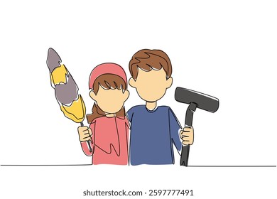 Single one line drawing a boy and a girl standing carrying a vacuum cleaner and a feather duster. Working together to clean. National Clean Your Room Day. Continuous line design graphic illustration