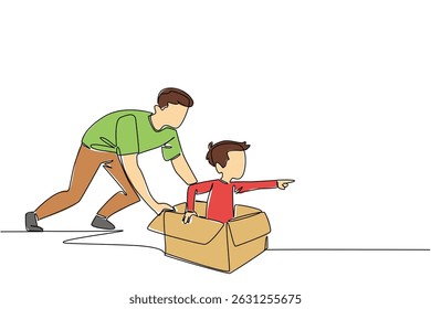 Single one line drawing boy is in a cardboard box and pushed by his father. The best way to bond is to spend free time together. International Day of Boys. Continuous line design graphic illustration