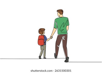 Single one line drawing a boy carrying a backpack walking hand in hand with his father. Teaching responsibility to his son. Walk Safely To School Day. Continuous line design graphic illustration