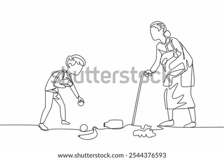 Single one line drawing a boy helps an old grandmother who is having trouble. Picking up groceries. Noble character. Role model. Helping. Good Deeds Day. Continuous line design graphic illustration