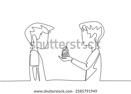 Single one line drawing a boy gives a cherry topping cupcake to another boy. Birthday cake for best friend. Bestie. National Give Someone a Cupcake Day. Continuous line design graphic illustration