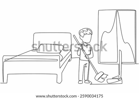 Single one line drawing a boy sweeps the floor using a broom and dustpan. Train sensitivity. The room must always be clean. National Clean Your Room Day. Continuous line design graphic illustration