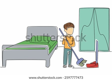 Single one line drawing a boy sweeps the floor using a broom and dustpan. Train sensitivity. The room must always be clean. National Clean Your Room Day. Continuous line design graphic illustration