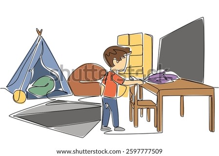 Single one line drawing a boy dusts the table using a duster. Clean thoroughly without any dust residue. Diligent and patient. National Clean Your Room Day. Continuous line design graphic illustration