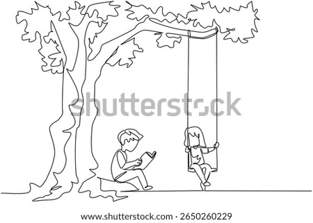Single one line drawing boy sits reading a book while the girl plays on swing under a big tree. Joy in the park near the shady tree. Activity. Tree Concept. Continuous line design graphic illustration