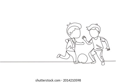 Single one line drawing boys playing football together. Two happy little kids playing sport in uniforms. Smiling children kicking ball by foot between them. Continuous line draw design graphic vector