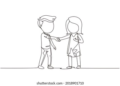 Single one line drawing boys and girls standing and shaking hands making friendship. Children introduce themselves. Kids touching each other's hand. Continuous line design graphic vector illustration