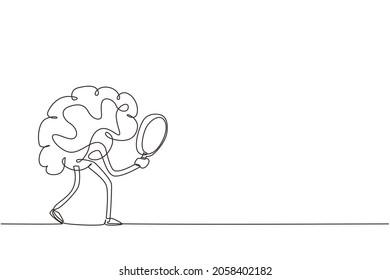 Single One Line Drawing Brain Mascot Character Holding Magnifying Glass In Search Of Something Concept, Looking Through It With Big Eye. Modern Continuous Line Draw Design Graphic Vector Illustration