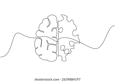 Single one line drawing brain with 2 parts, normal and perforated. A clear comparison. Brain function begins to decline. World Multiple Sclerosis Day. Continuous line design graphic illustration
