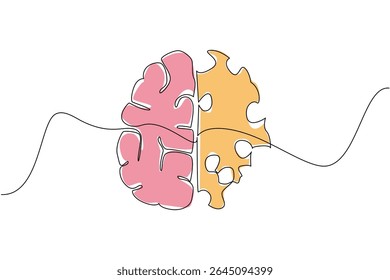 Single one line drawing brain with 2 parts, normal and perforated. A clear comparison. Brain function begins to decline. World Multiple Sclerosis Day. Continuous line design graphic illustration