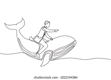 Single one line drawing brave businessman riding huge dangerous blue whale. Professional entrepreneur male character. Successful business man. Continuous line draw design graphic vector illustration