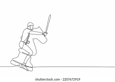 Dibujo de una sola línea de un valiente hombre de negocios montando un gran ajedrez con espada. Estrategia de negocio, competencia ganadora, concepto de objetivo de logro. Ilustración vectorial de dibujo de línea continua