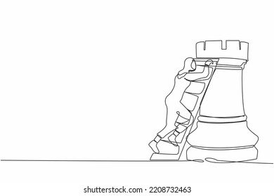 Single one line drawing brave Arabian businesswoman climb huge rook chess piece with ladder. Company strategy success using powerful move for advantage. Continuous line draw design vector illustration