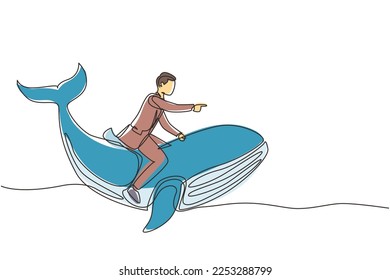 Single one line drawing brave businessman riding huge dangerous blue whale. Professional entrepreneur male character. Successful business man. Continuous line draw design graphic vector illustration