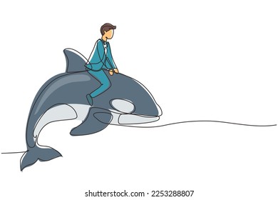 Single one line drawing brave businessman riding huge dangerous orca. Professional entrepreneur male character fight with predator. Successful business man. Modern continuous line draw design graphic