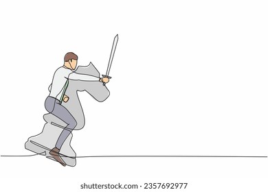 Dibujo de una sola línea de un valiente hombre de negocios montando un gran ajedrez con espada. Estrategia de negocio, competencia ganadora, concepto de objetivo de logro. Ilustración vectorial de dibujo de línea continua