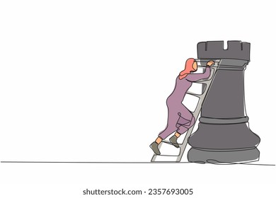 Single one line drawing brave Arabian businesswoman climb huge rook chess piece with ladder. Company strategy success using powerful move for advantage. Continuous line draw design vector illustration
