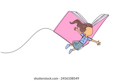 Single one line drawing the brave girl flying with wings that come from an open big book. Metaphor carried away with the storyline. Constructive fantasy. Continuous line design graphic illustration