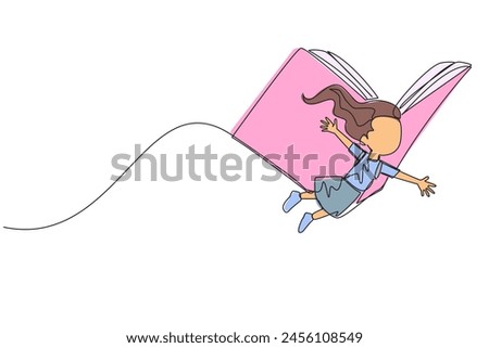 Single one line drawing the brave girl flying with wings that come from an open big book. Metaphor carried away with the storyline. Constructive fantasy. Continuous line design graphic illustration
