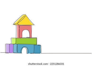 Single one line drawing brick house. House made of wooden blocks. Wooden cubes toy. Building blocks for kids. Children constructor. Wooden toy. Continuous line draw design graphic vector illustration