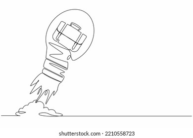Single one line drawing briefcase launching with light bulb. Financial startup project launch, business gain, investment, earning or profit. Modern continuous line design graphic vector illustration