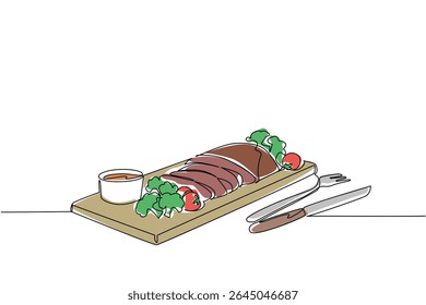 Single one line drawing brisket cut into pieces, broccoli, some tomatoes, small bowl of sauce and knife and fork. Luxurious pleasure. National Brisket Day. Continuous line design graphic illustration
