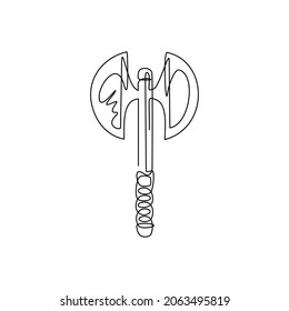 Single one line drawing broad axe, medieval axe, battle axe, executioner axe. Element for woodworking or lumberjack emblem or icon. Modern continuous line draw design graphic vector illustration