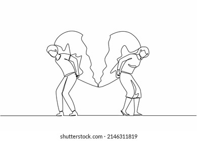 Una sola línea dibujando un corazón roto llevado por hombre y mujer. Concepto de dolor de estómago por divorcio. Conflicto familiar. Romper la relación. Una pareja casada enfadada, triste. Vector gráfico de diseño de trazos de línea continua