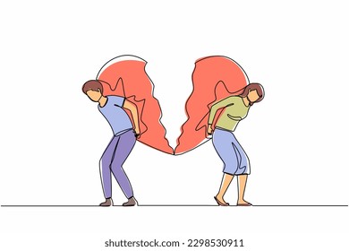 Single one line drawing broken heart carried by man and woman. Divorce heartache concept. Family conflict. Break up relationship. Married couple angry, sad. Continuous line draw design graphic vector
