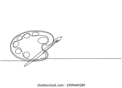 Single One Line Drawing Of Brush Paint With Watercolour Palette. Back To School Minimalist, Art Education Concept. Continuous Simple Line Draw Style Design Graphic Vector Illustration