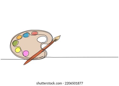 Single one line drawing of brush paint with watercolour palette. Back to school minimalist, art education concept. Continuous simple line draw style design graphic vector illustration