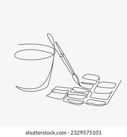 Einzeilige Zeichnung der Pinselfarbe mit Aquarellfarben. Zurück zur Schule minimalistisch, Kunst-Erziehung Konzept. Stetig einfache Linie zeichnen Stil Design Grafik Vektorgrafik