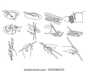 Single one line drawing of brush paint with watercolour palette. Hand holding paint brush and painting line art. Life Is Art slogan, quote, text, lettering, phrase, saying.