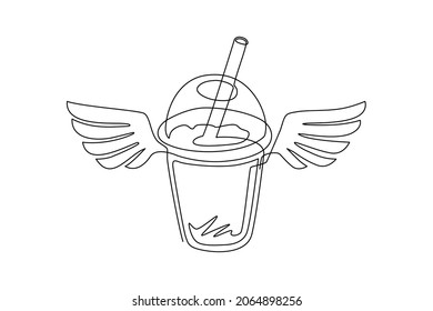 Single one line drawing bubble boba tea drink with wings. Food in doodle cartoon linear style. For flyer, sticker, card, logo, icon, print, poster. Modern continuous line draw design graphic vector