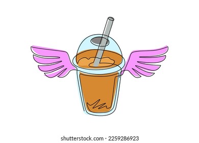 Single one line drawing bubble boba tea drink with wings. Food in doodle cartoon linear style. For flyer, sticker, card, logo, icon, print, poster. Modern continuous line draw design graphic vector